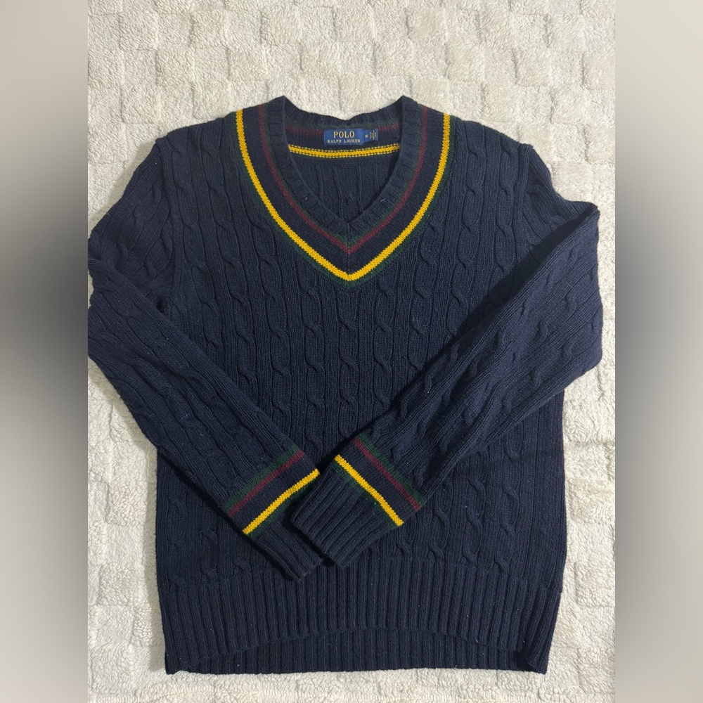 Polo Ralph Lauren Men's Sweater Navy Cricket Jumper Size Medium V-Neck